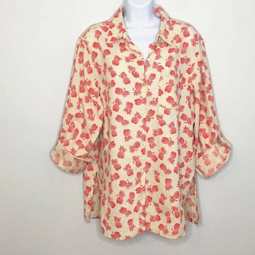 Paradise Shores Womens LINEN Blend Tunic Top M Pink Ivory PINEAPPLE Button Up